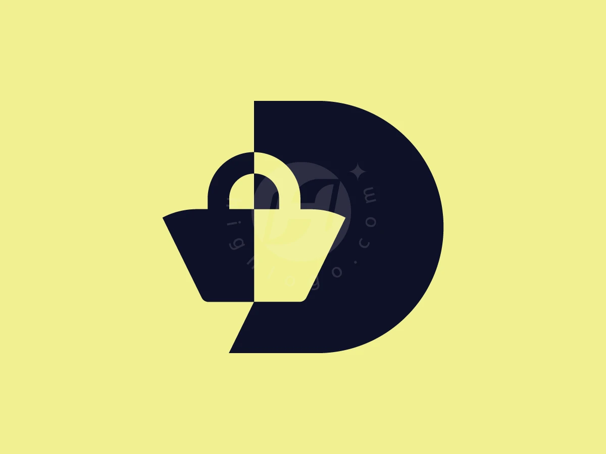 Within a navy letter D, a contrasting shopping bag silhouette creates this Letter D Bag logo on yellow background.