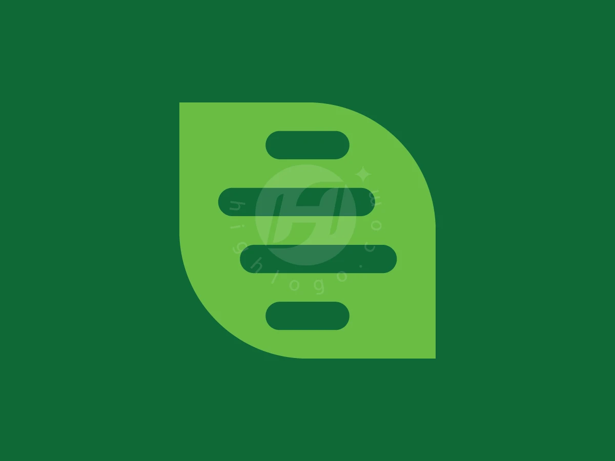 Against a dark green background, this lime green leaf logo features horizontal cutouts forming a honeycomb pattern.