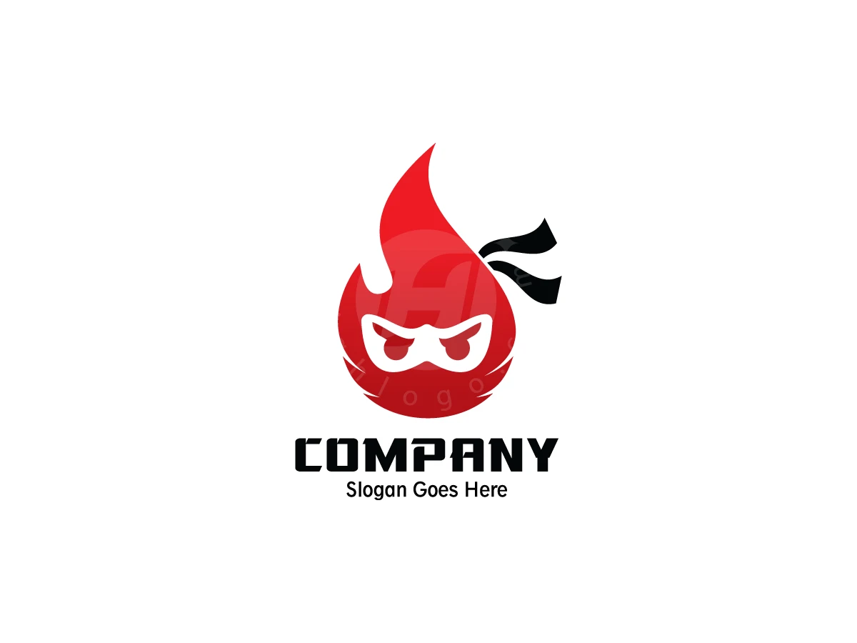 Above bold black company text and slogan, this logo features a red flame ninja head with a white mask.