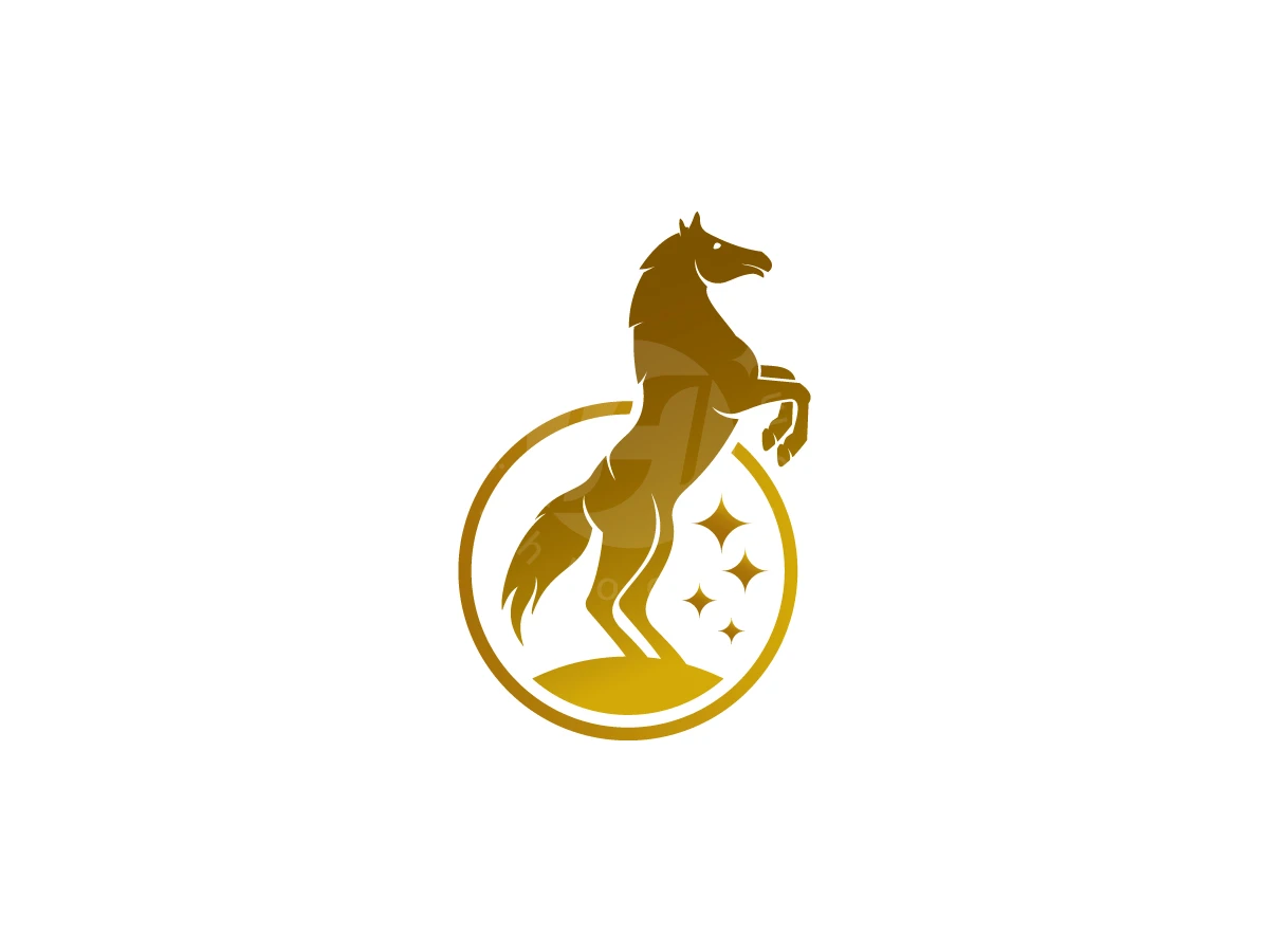 Luxury Standing Horse Logo, Inside a golden circular border, a rearing horse silhouette appears beside four-pointed stars on a white background.