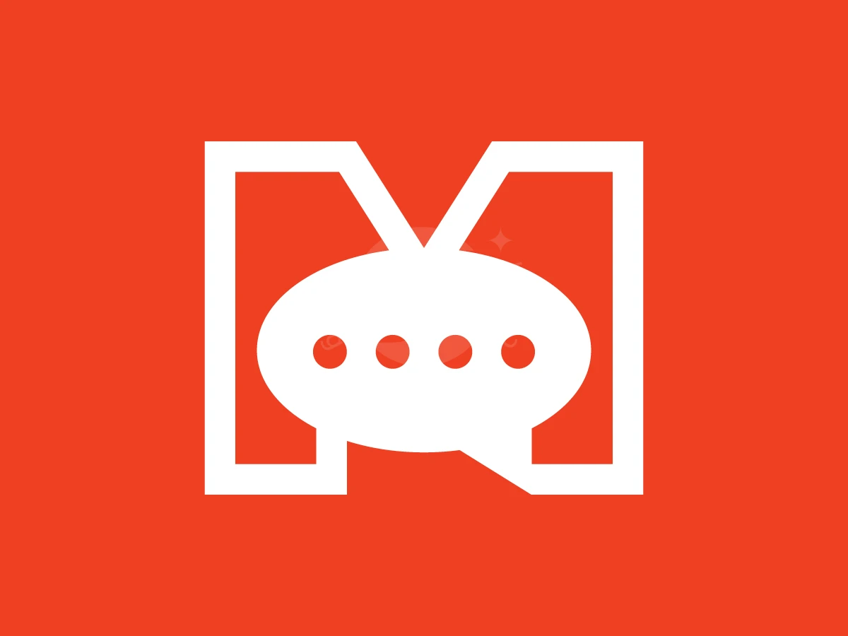 M Chat Logo, Vibrant orange-red background features a white blocky letter M integrated with a speech bubble containing four circular dots.