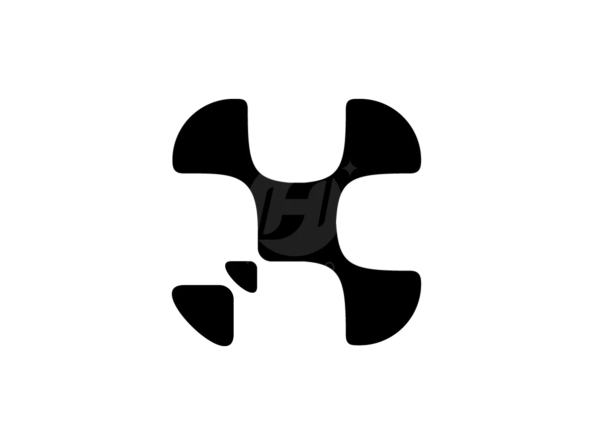 Modern Letter X Logo, Four rounded black lobes form an abstract cross with a detached lower-left segment on a white background.