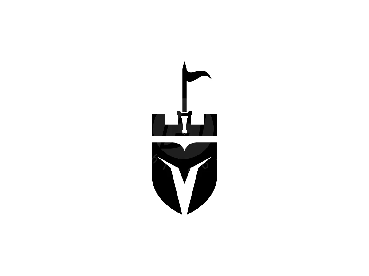 Spartan Sword Castle Logo, Castle turret and a spartan helmet with a V-shaped opening form a black shield silhouette on white.