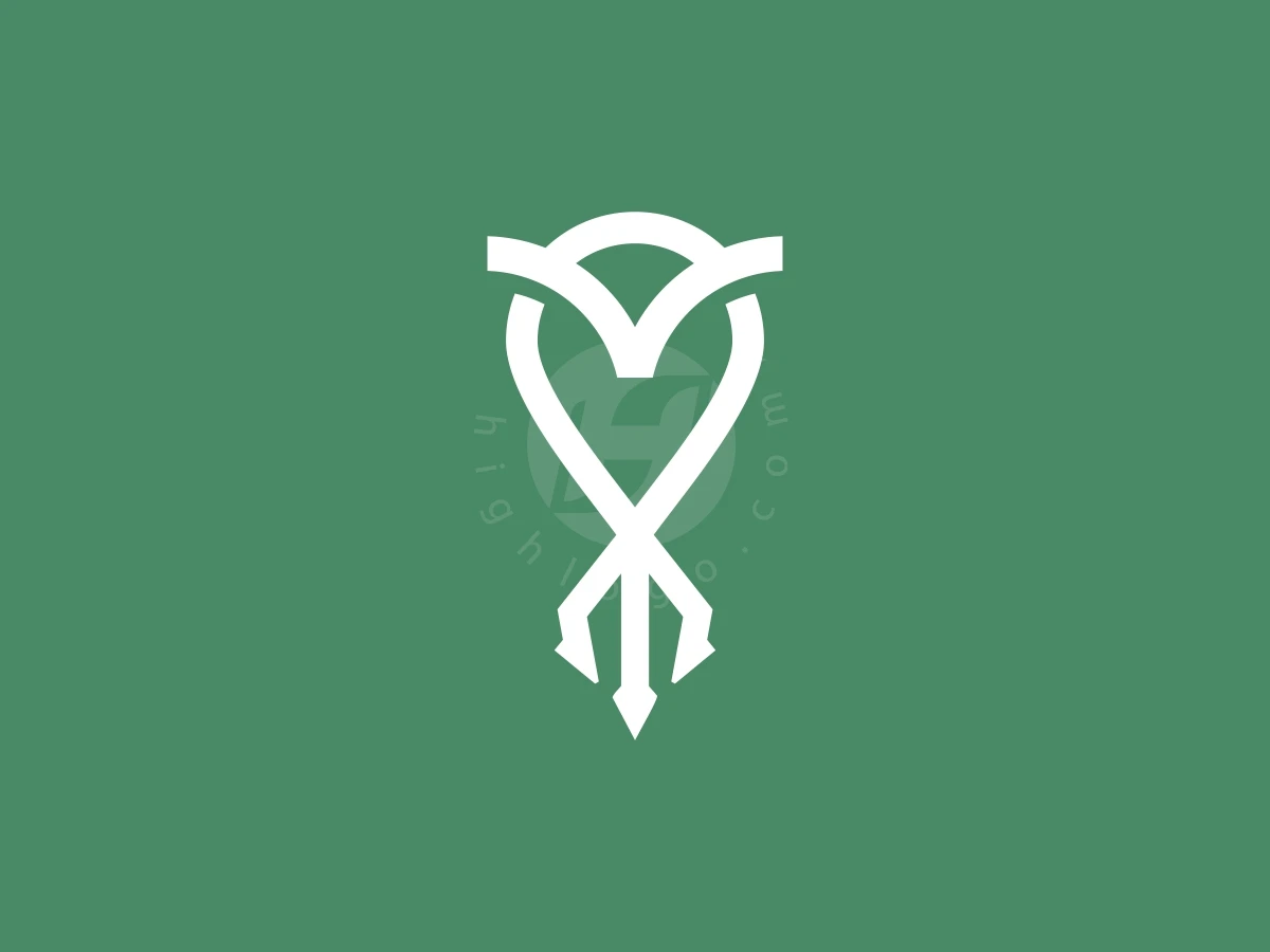Against a green background, white lines form an owl and trident symbol for this simple line logo.