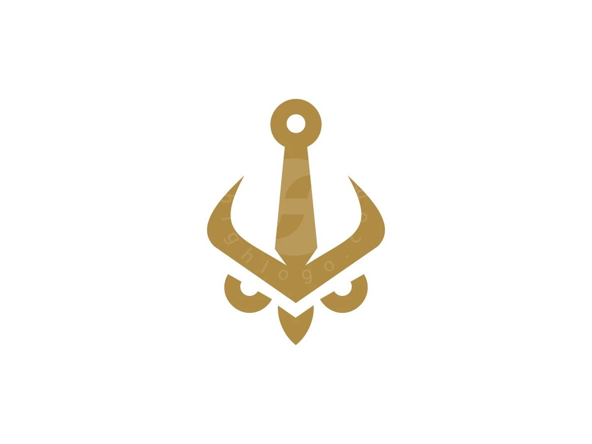 Symmetrical gold lines form a combined owl and anchor logo with sharp curves and circular eyes on white.
