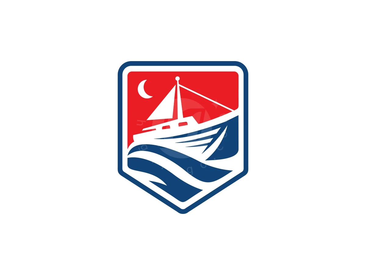 Inside a red and blue shield logo, a white sailboat cruises over waves beneath a crescent moon.