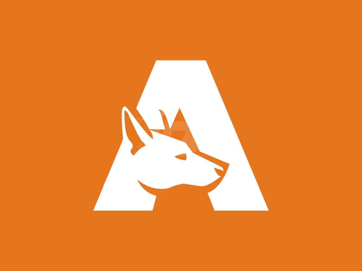 Ajag dog silhouette merges with a white letter A logo against a solid orange background.