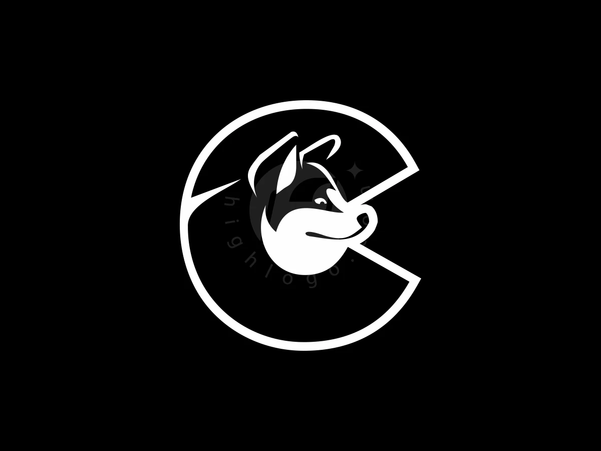 Akita dog head profile integrated within a white letter C shape creates a simple logo on black background.