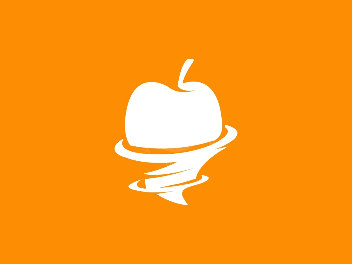 Apple silhouette merges with a swirling hurricane funnel to form a white logo on a solid orange background.