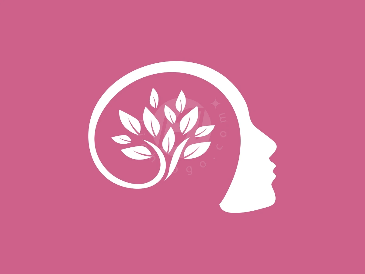 Leaves grow inside a white swirling human profile on a pink background for this hypnotherapy and psychology logo.