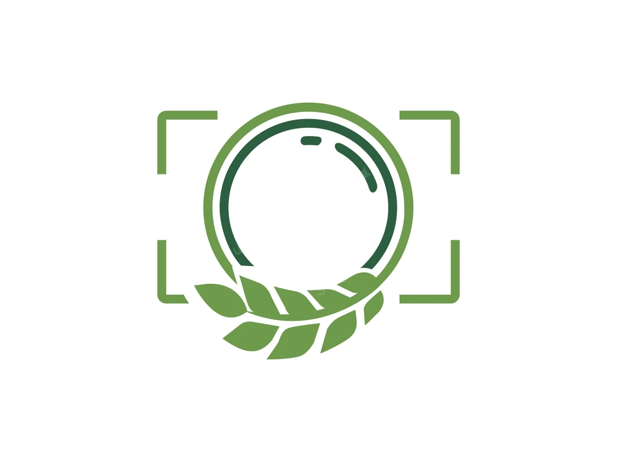 Leaves and a circular camera lens are framed by green viewfinder brackets in this nature photography logo.