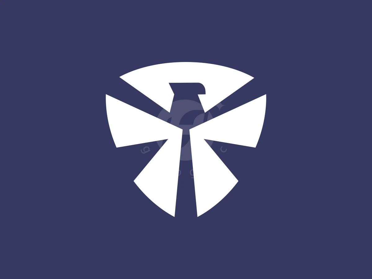 Against a navy blue backdrop, white geometric shapes form an eagle and shield security logo.