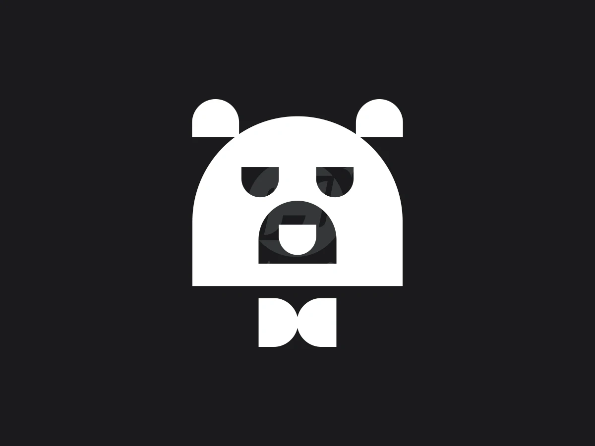 Geometric white shapes form a bear face logo with a bowtie against a black background.