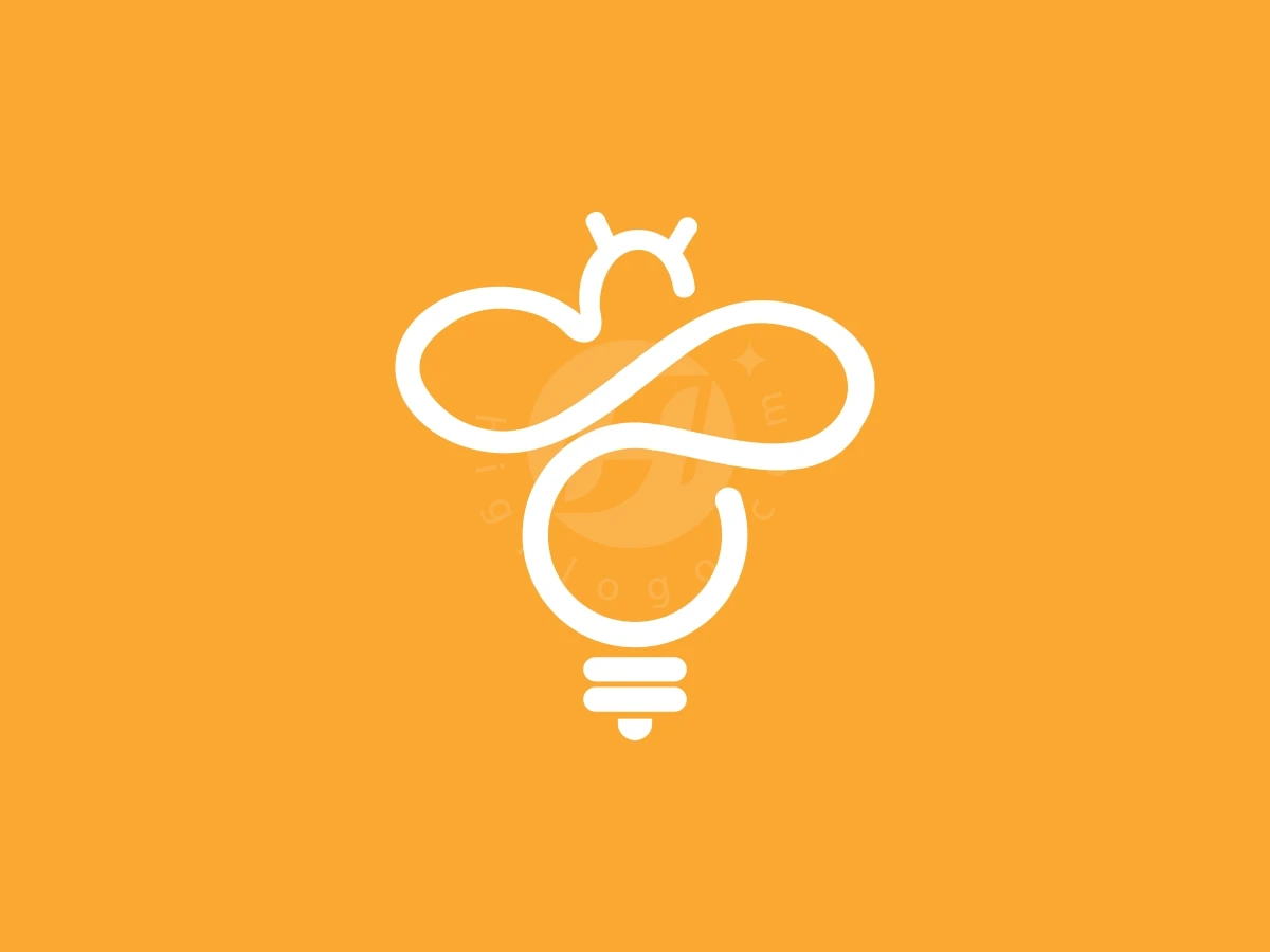Against a solid orange background, white line art forms a bee and light bulb hybrid logo.