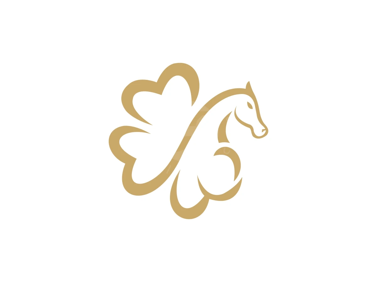 Symbols of a horse and four-leaf clover merge through gold lines in this Clover Leaf Horse Equestrian Logo.