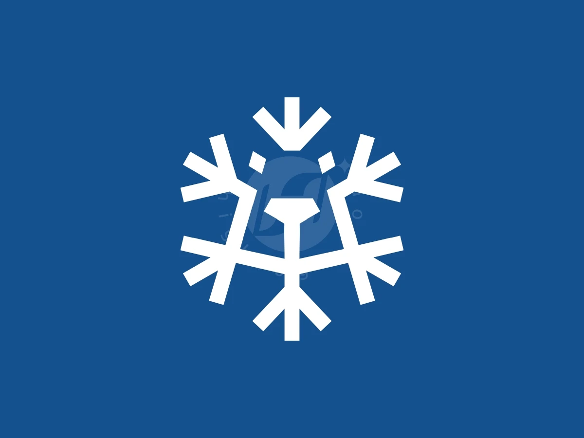 Symmetry defines this white geometric snowflake and polar bear face logo on a solid blue background.