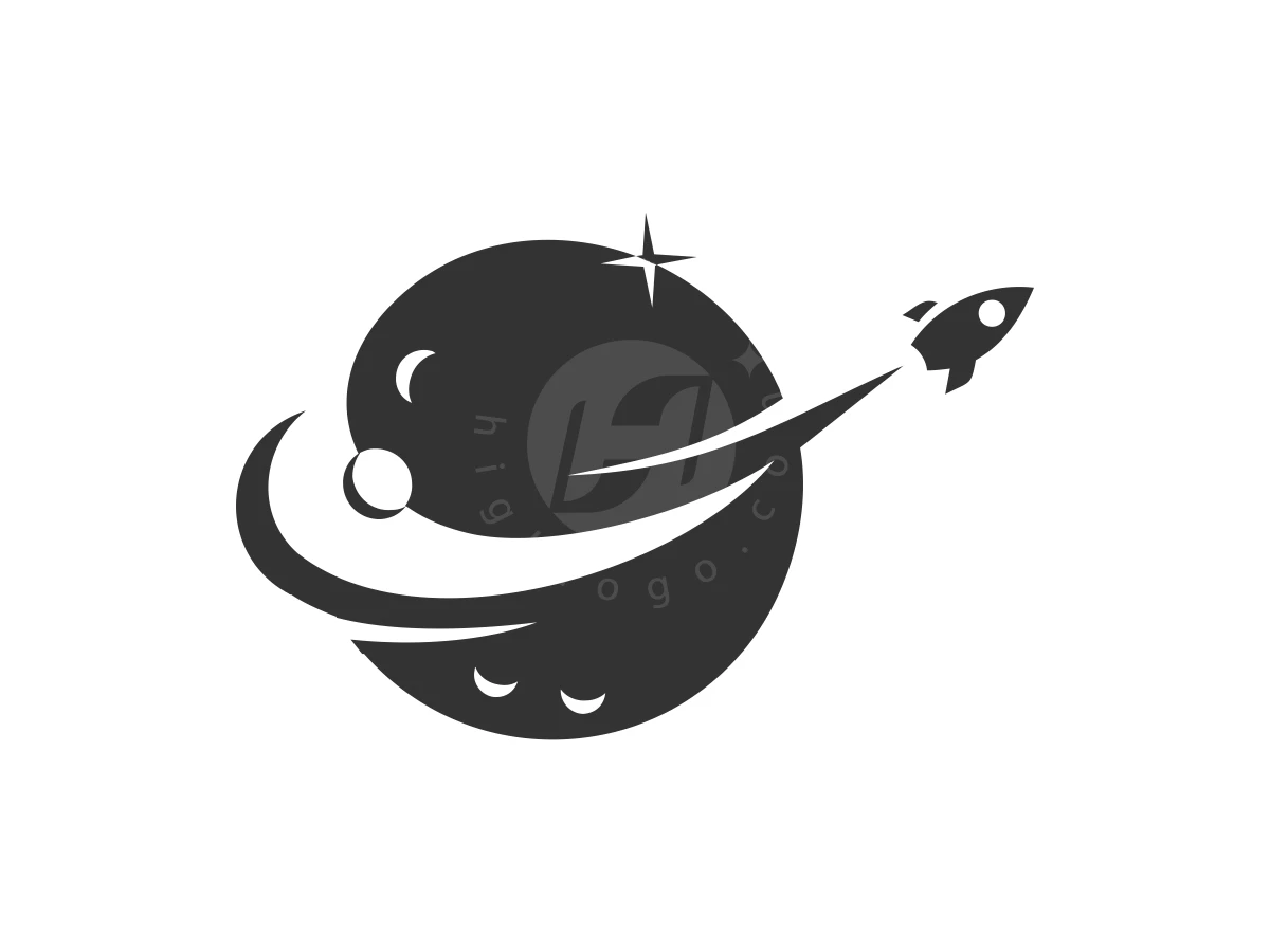 Rocket ship orbiting a black cratered planet with a star in this celestial space-themed logo.