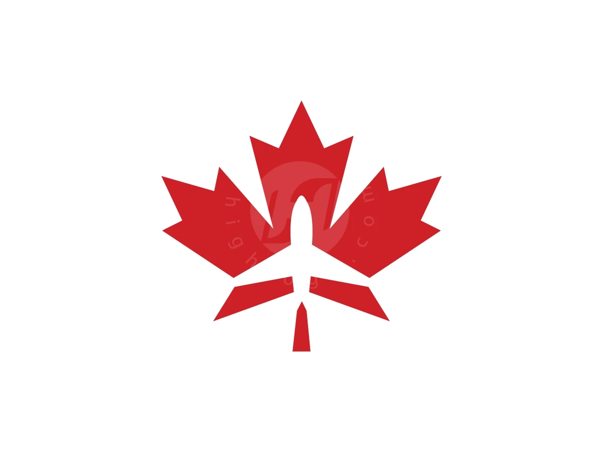 Maple Leaf Plane Or Canadian Air Plane, Red maple leaf featuring a white airplane silhouette cut out of its center on a plain white background.
