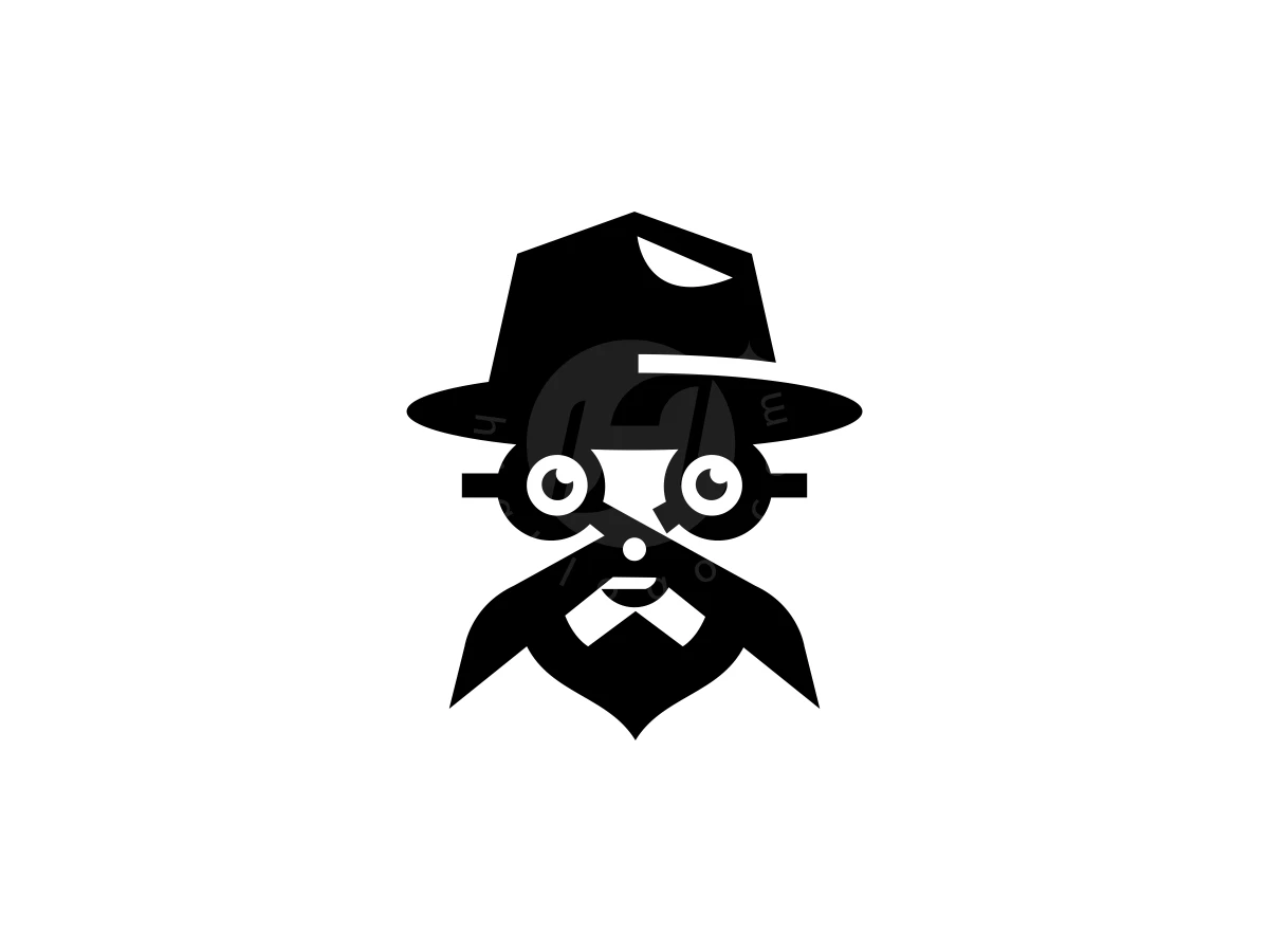 The Barber Mafia Or Scissors Man, Black vector shapes define a man's face with a fedora, round glasses, a bowtie, and a pointed beard.
