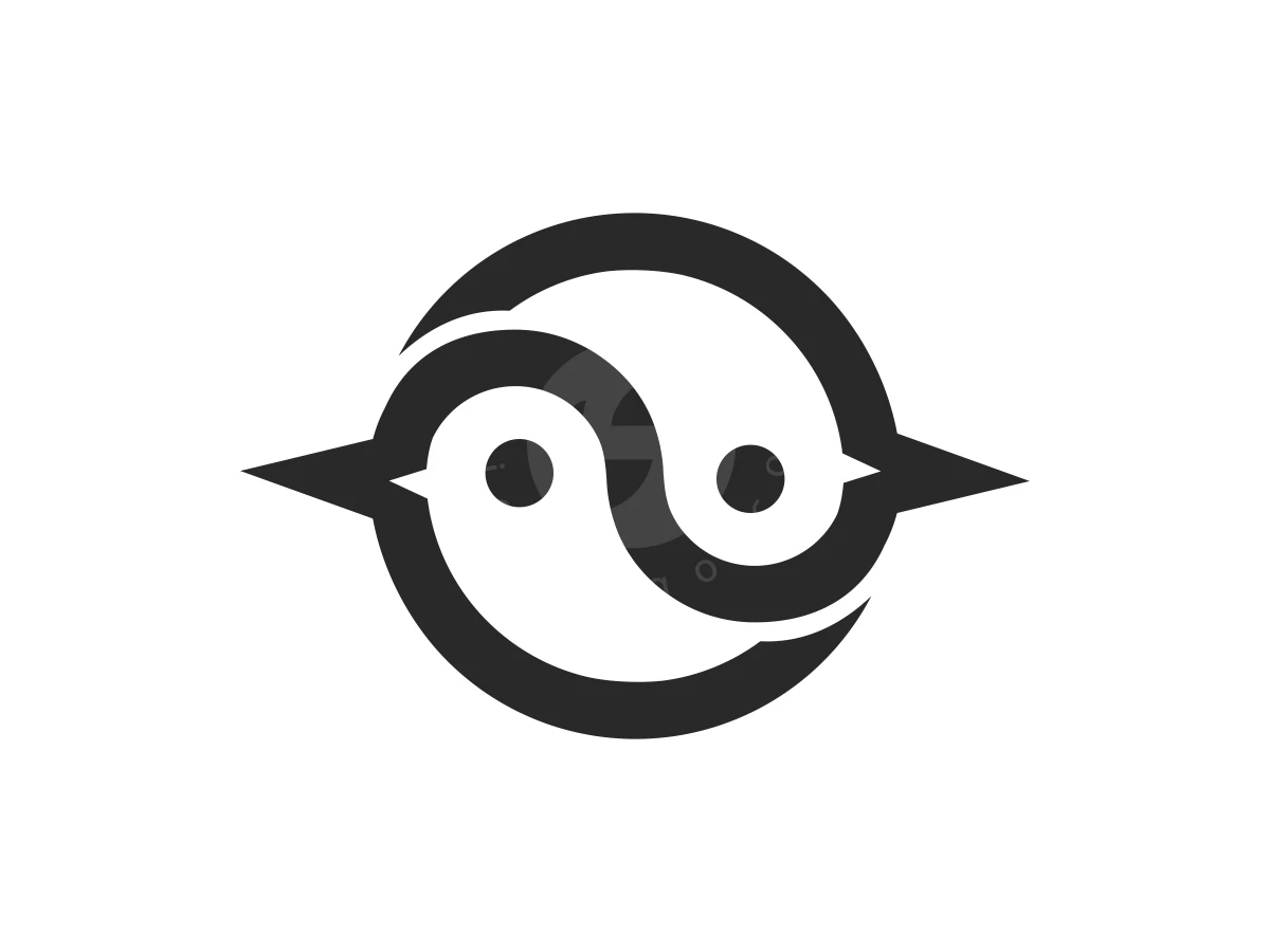 Two Bird Yin And Yang Simple Logo Combination, Sharp horizontal points flank a stylized black and white Yin Yang symbol enclosed within a bold circular frame.