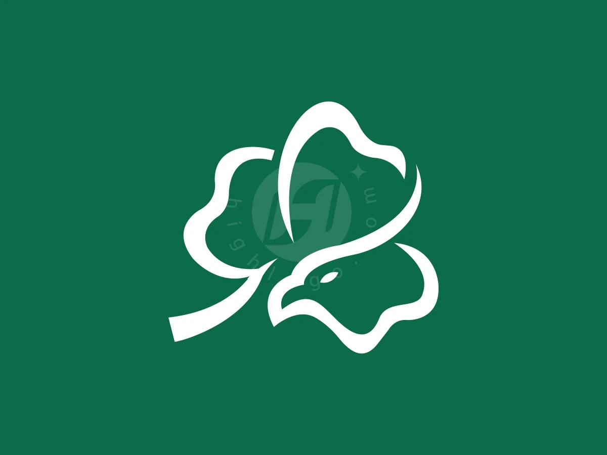 Clover Leaf Eagle Head Or Irish Eagle Logo, Flowing white lines depict a shamrock integrated with an eagle's head on a solid green background.