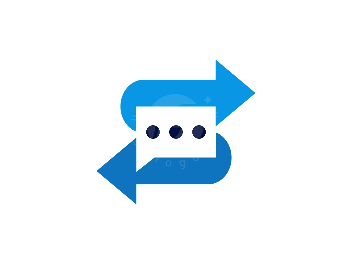 Letter S Chat Return Or Arrow Chatting Logo, Arrows in two shades of blue curve around a white chat bubble containing three dark dots against a white background.
