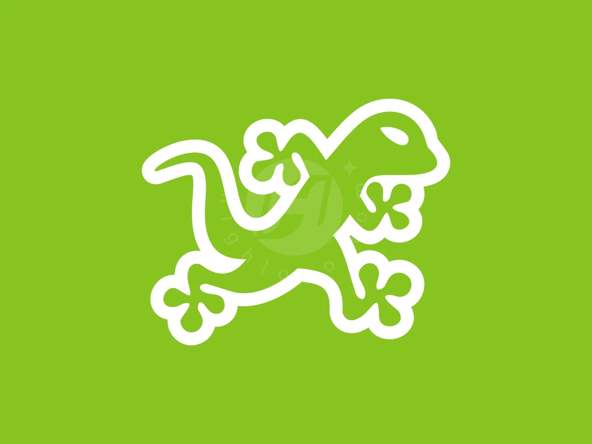 Simple GEcko Run Or Ran Combiantion, Stylized green lizard with a thick white outline is centered on a vibrant lime green background.