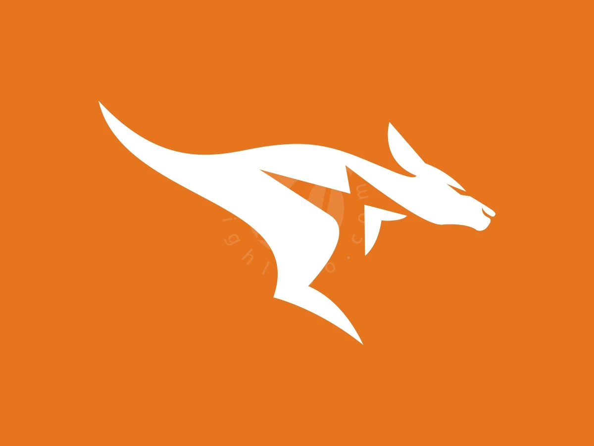 Lightning Or Storm Kangaroo Simple, Leaping across a vibrant orange background, a stylized white kangaroo silhouette is depicted with sleek, geometric lines.