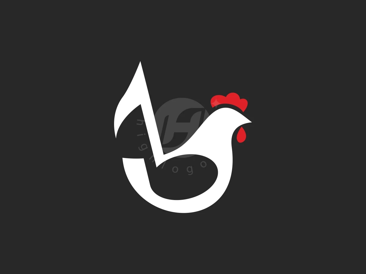 Chicken Record Or Rooster Music, Musical note curves elegantly to form a white rooster silhouette with red comb details on a dark background.