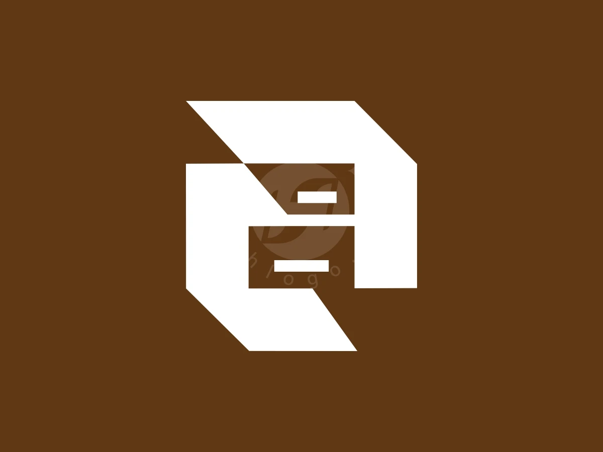 Minimalist Simple Letter A Cabinet, Against a brown background, a white geometric symbol features angular lines and horizontal cutouts forming an abstract monogram.