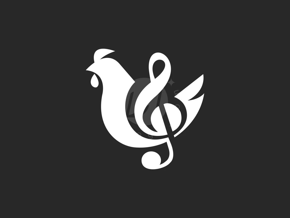 Simple Minimalist Music Note Chicken Or Rooster Logo, Merging a rooster silhouette with a musical treble clef, this white vector design contrasts against a dark background.