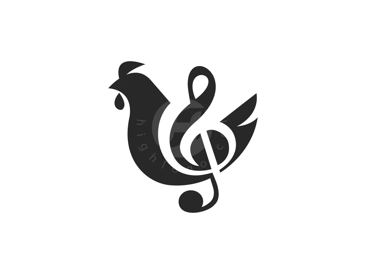 Simple Minimalist Music Note Chicken Or Rooster Logo, Black rooster silhouette seamlessly merges with a treble clef musical symbol on a solid white background.
