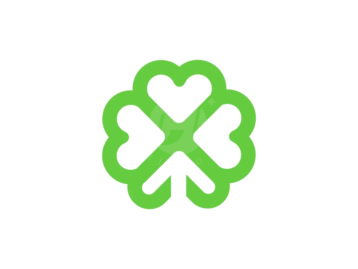 Minimalist Simple Clover Leaf Up Arrow, Bright green lines form a four-leaf clover symbol featuring three hearts and an upward arrow on white background.