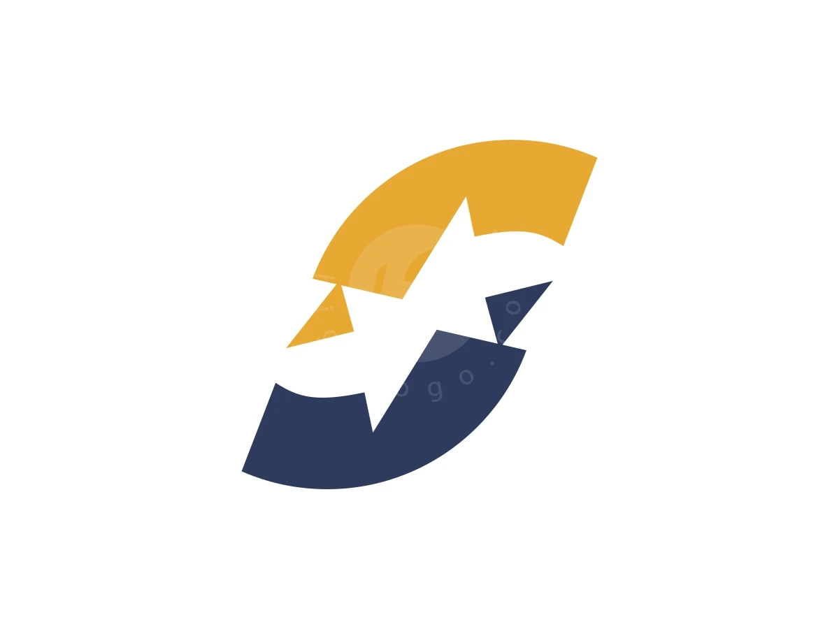 Letter S Switch Arrow Simple Logo Minimalist, Interlocking curved segments in gold and dark blue create a sharp lightning bolt in negative space on white.
