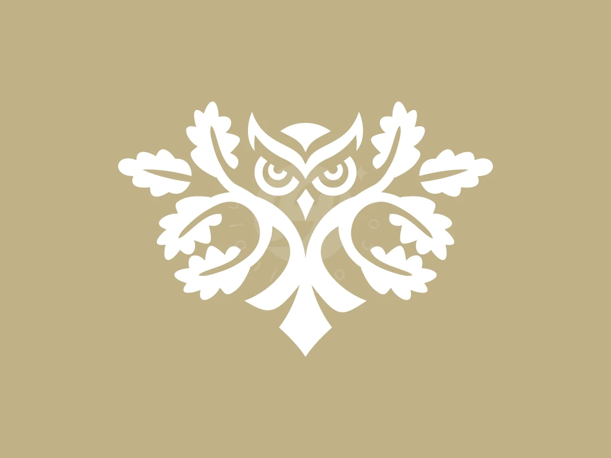Simple Elegant Owl Oak Minimalist Logo, Symmetrical white owl face integrated with oak leaves, centered on a solid muted gold background.