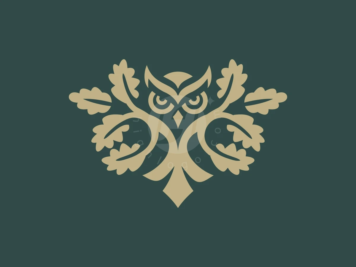 Simple Elegant Owl Oak Minimalist Logo, Centered on a dark green background, a golden, symmetrical owl emblem blends seamlessly with stylized oak leaves.