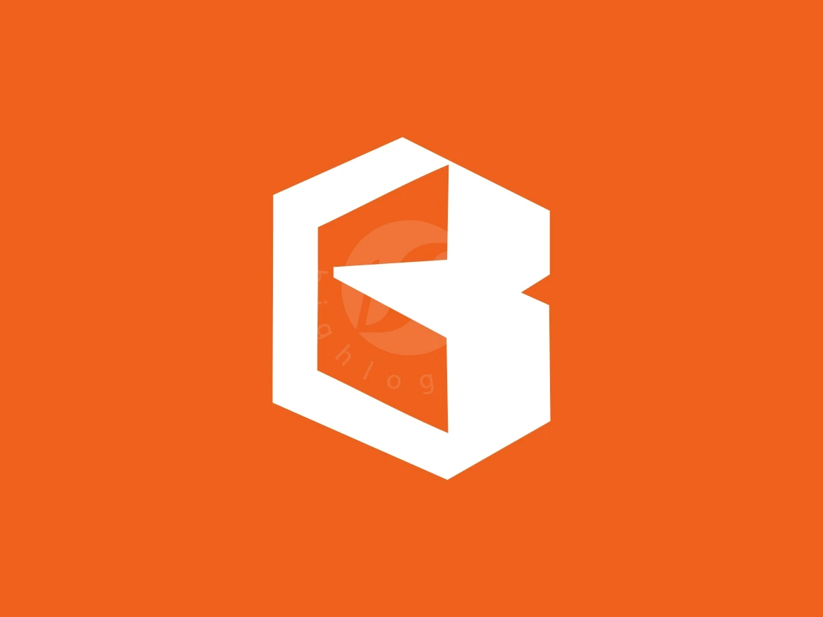 Simple Minimalist Letter B Block Or Cube Logo, Letters C and B form a white geometric hexagon on a solid, bright orange background.
