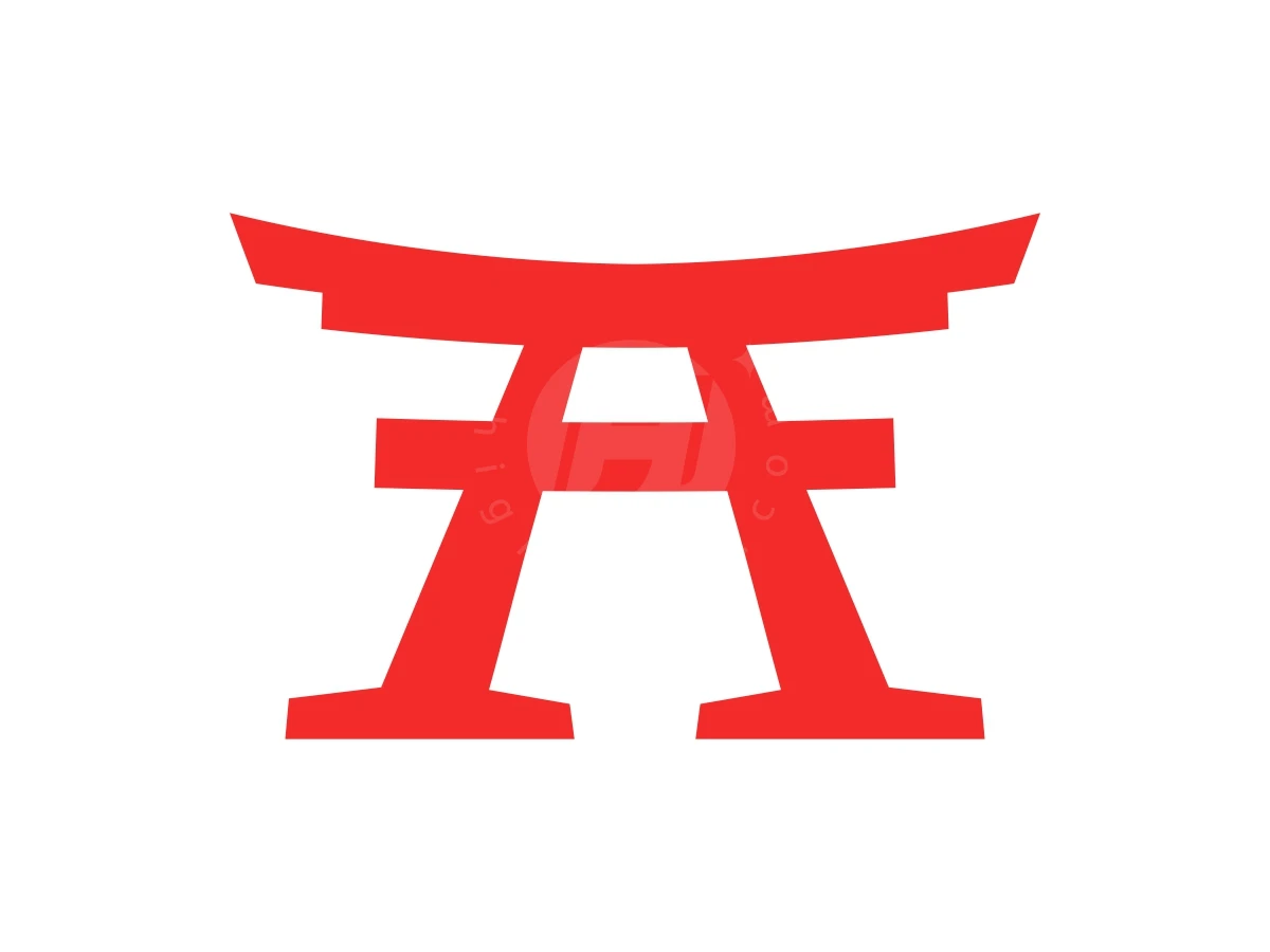 Simple Letter A Torii Japan Logo, Torii gate in bright red is stylized to resemble the letter A against a solid white background.