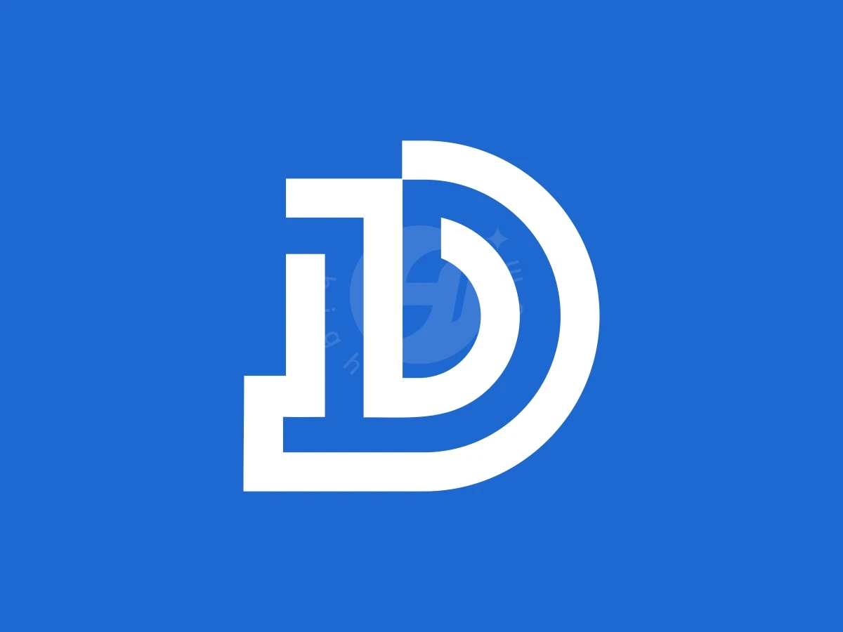 Simple Letter D And Number One Logo, Interlocking white geometric lines create a stylized letter D monogram against a solid blue background.