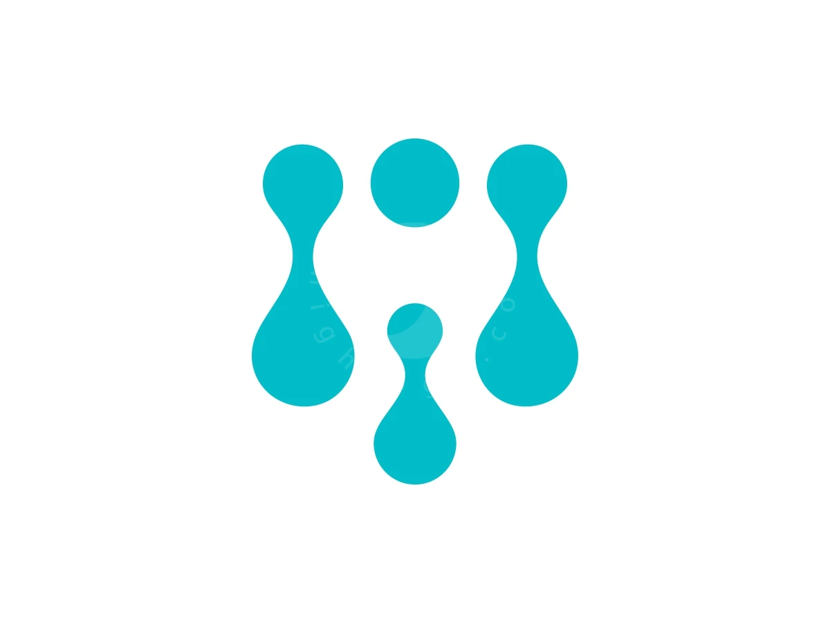 Simple Minimalist Techno Dental Logo, Droplets of bright cyan liquid and a circle form a symmetrical, abstract pattern against a plain white background.