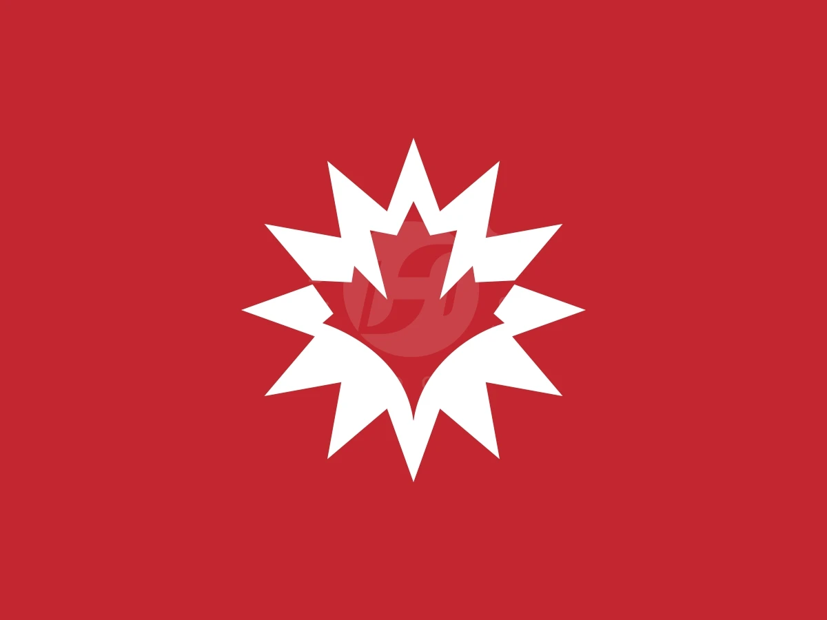 Simple Maple Leaf Sun Or Panel Surya Canada Logo, Featuring a central maple leaf cutout, a white spiky starburst sits boldly against a solid red background.