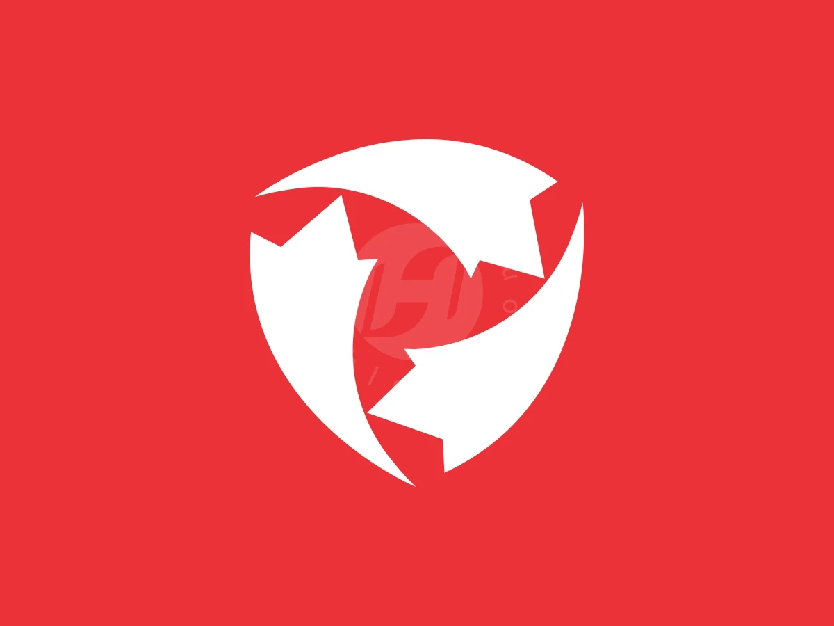 Simple Shield Maple Leaf Canada Logo, Rotating white curved arrows create a circular shield emblem against a vibrant red background.