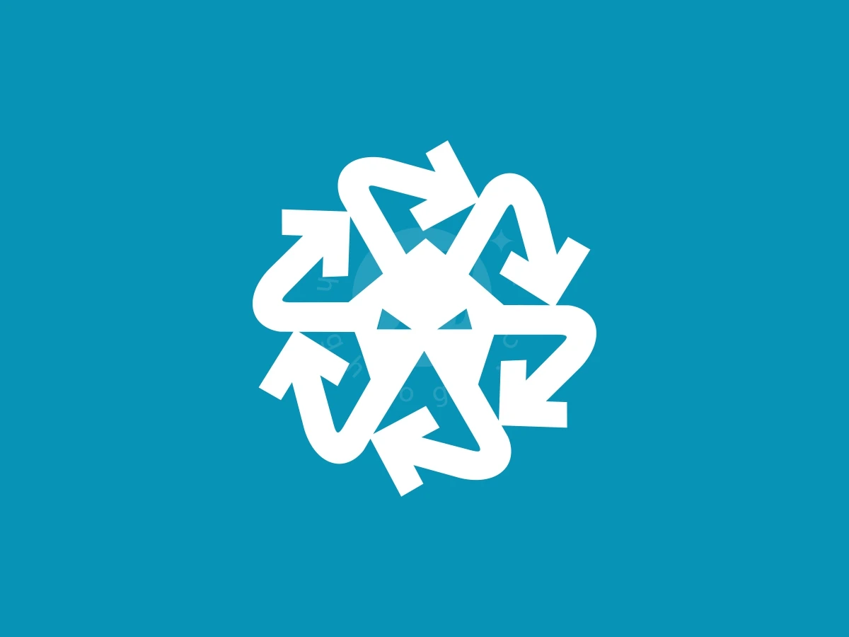 Simple Octo Or Octopus Arrow Geometric Circle Logo, Interlocking white arrows form a circular, geometric star pattern centered on a solid cyan background.