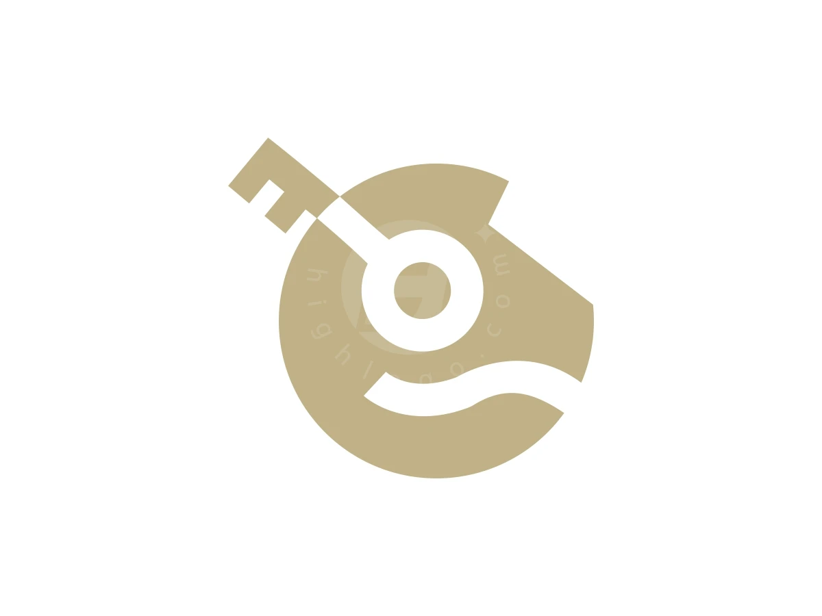 Horse Key Or Horse Security Logo, Beige circular icon cleverly blending a key shape and a stylized animal head silhouette against a clean white background.