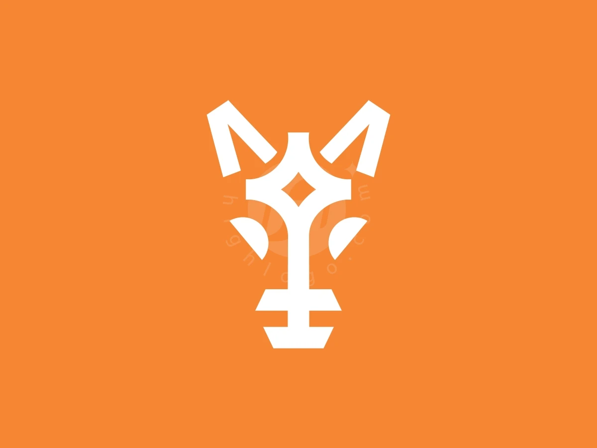 Simple Horse Skeleton Key Minimalist Logo, Vibrant orange background features a geometric white icon resembling a stylized fox head combined with a key symbol.