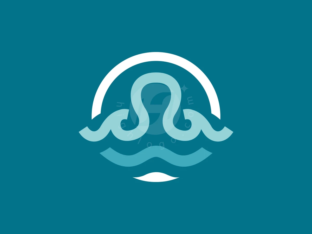 Simple Octo Wave Or Octopus Sea Logo, Stylized light blue waves and a white semi-circle create a circular sea-themed emblem on a deep teal background.