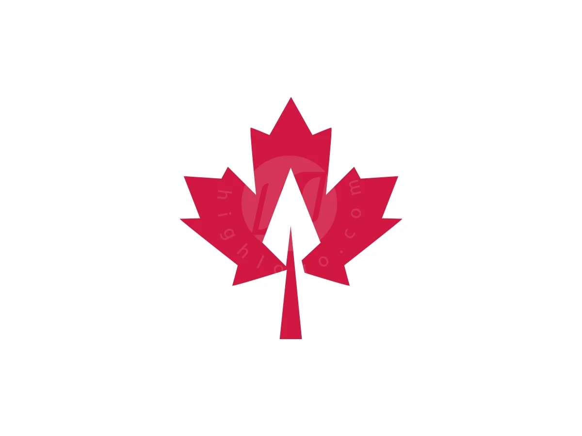 Simple Canadian Archer Or Arrow Maple Lea Logo, Maple leaf in red features a white arrowhead in its center, set against a clean white background.