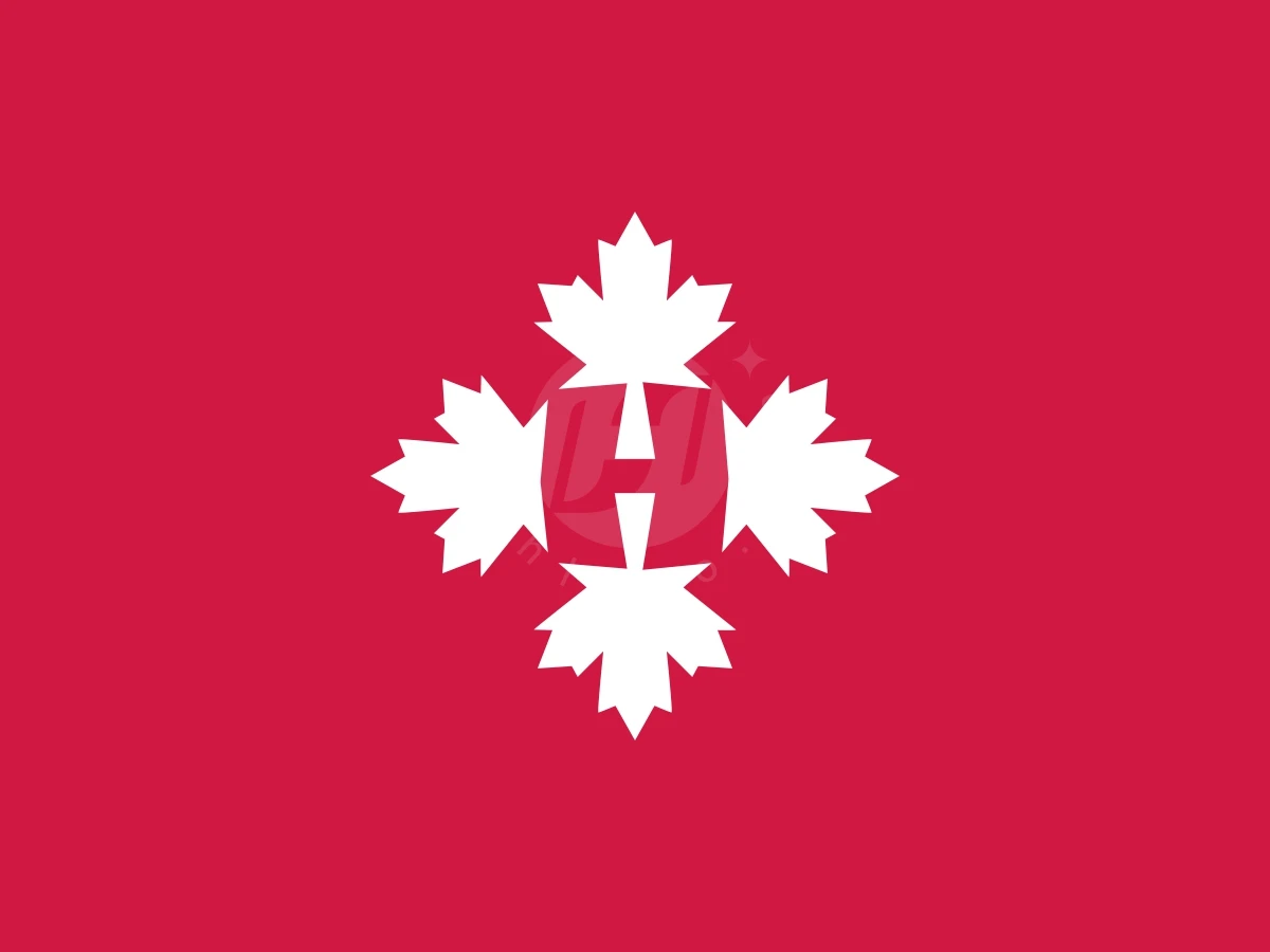 Simple Letter H M0nogram Maple Leaf Or Canadian Logo, Four white maple leaves form a cross shape around a stylized letter H on a solid red background.