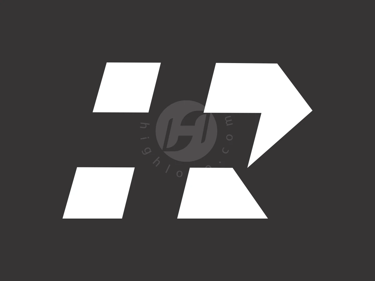 Simple Letter R Health Or Church Cross Logo, Against a dark gray background, white geometric shapes align to form a stylized monogram resembling the letter R.