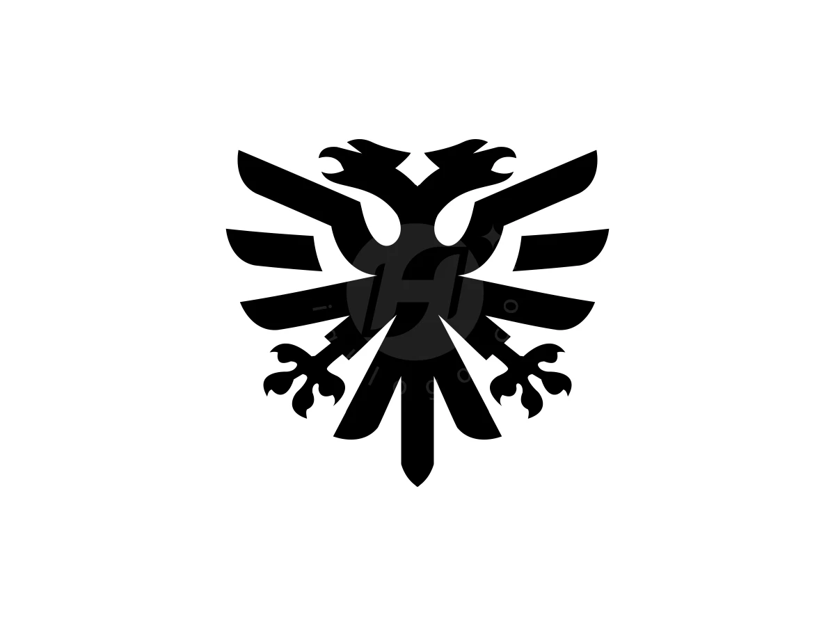 Simple Two Winged Eagle Or Twin Eagle Shield Logo, Black double-headed eagle artwork showcases sharp geometric wings and talons set against a plain white background.